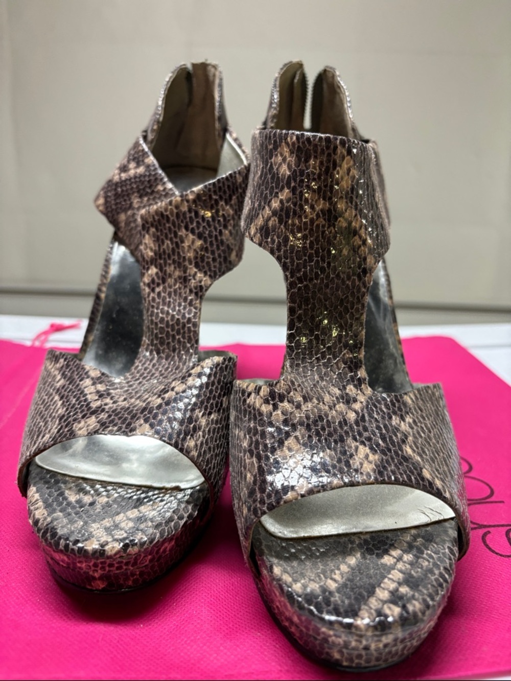 Nine West Brown Snake-Print T-Strap Platform Heels
